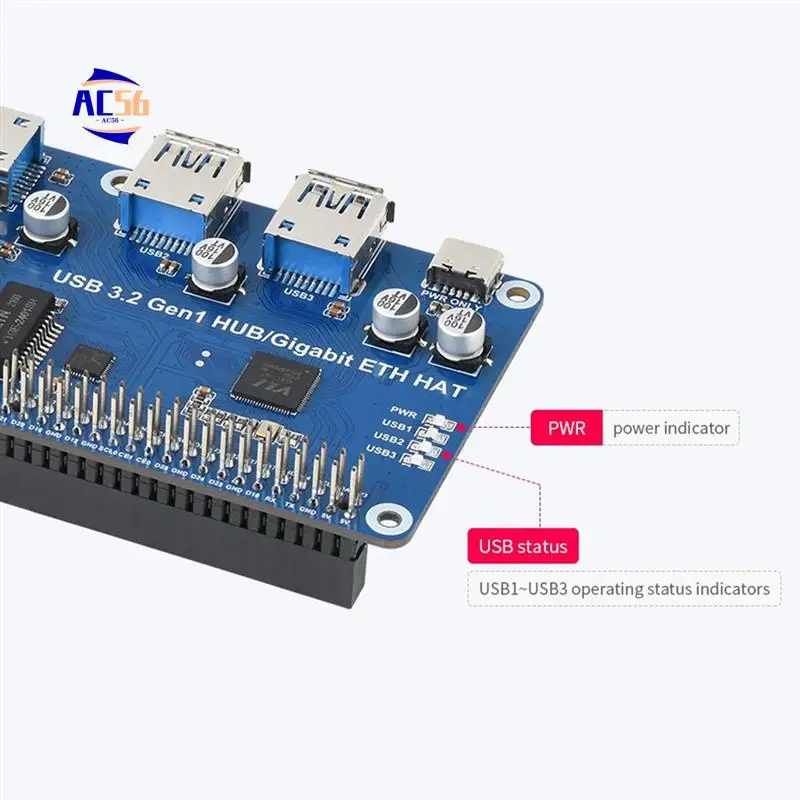

AC56-Плата расширения Raspberry Pi USB 3.2 Gen1 и Gigabit Ethernet HUB HAT 3 X USB 1 X Gigabit ETH Прочный Простая установка