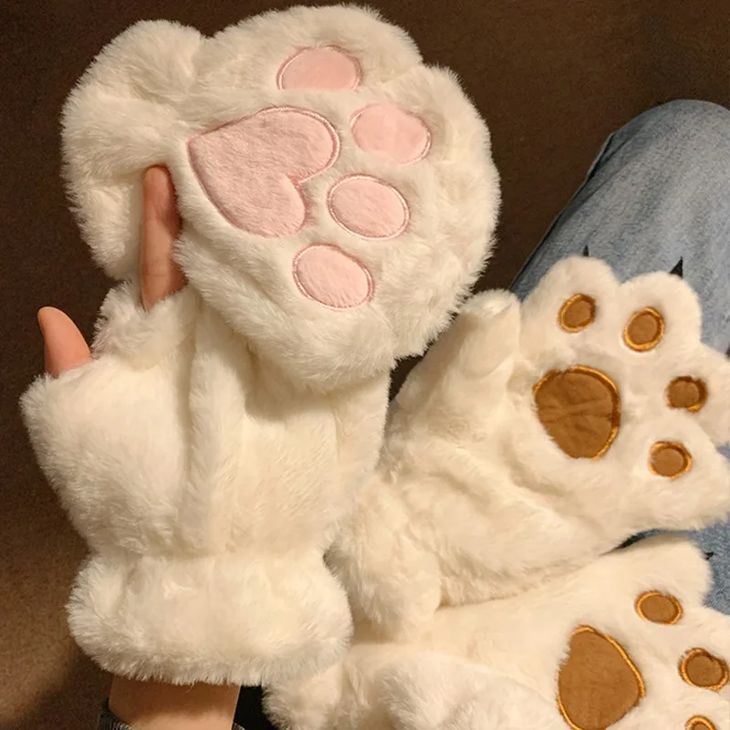 Cartoon Cute Cat Claw Paw Gloves Women Plush Mittens Warm Soft Plush Short Fingerless Fluffy Bear Cat Gloves Costume Half Finger