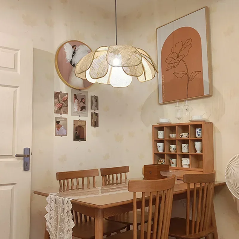 

Japanese Style Wabi-sabi Style Zen Tea Room Woven Petal Pendant Lights Homestay Living Room Decoration Rattan LED Chandelier