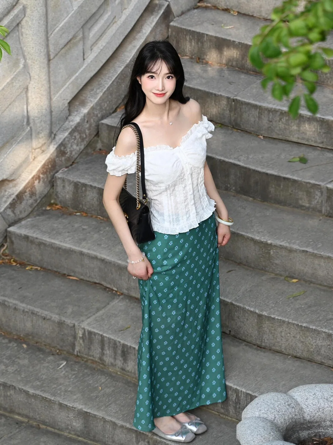 

Fashionable High Waist Green Skirt Women's Spring Summer New Style Commute Standard Fit Polyester Fiber A-Line Skirt
