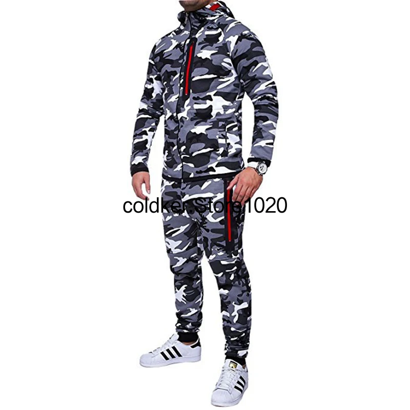 Chándal con capucha para hombre, ropa deportiva, cárdigan de camuflaje, sudadera muscular, chaqueta y pantalones, conjuntos de 2 piezas, Otoño e