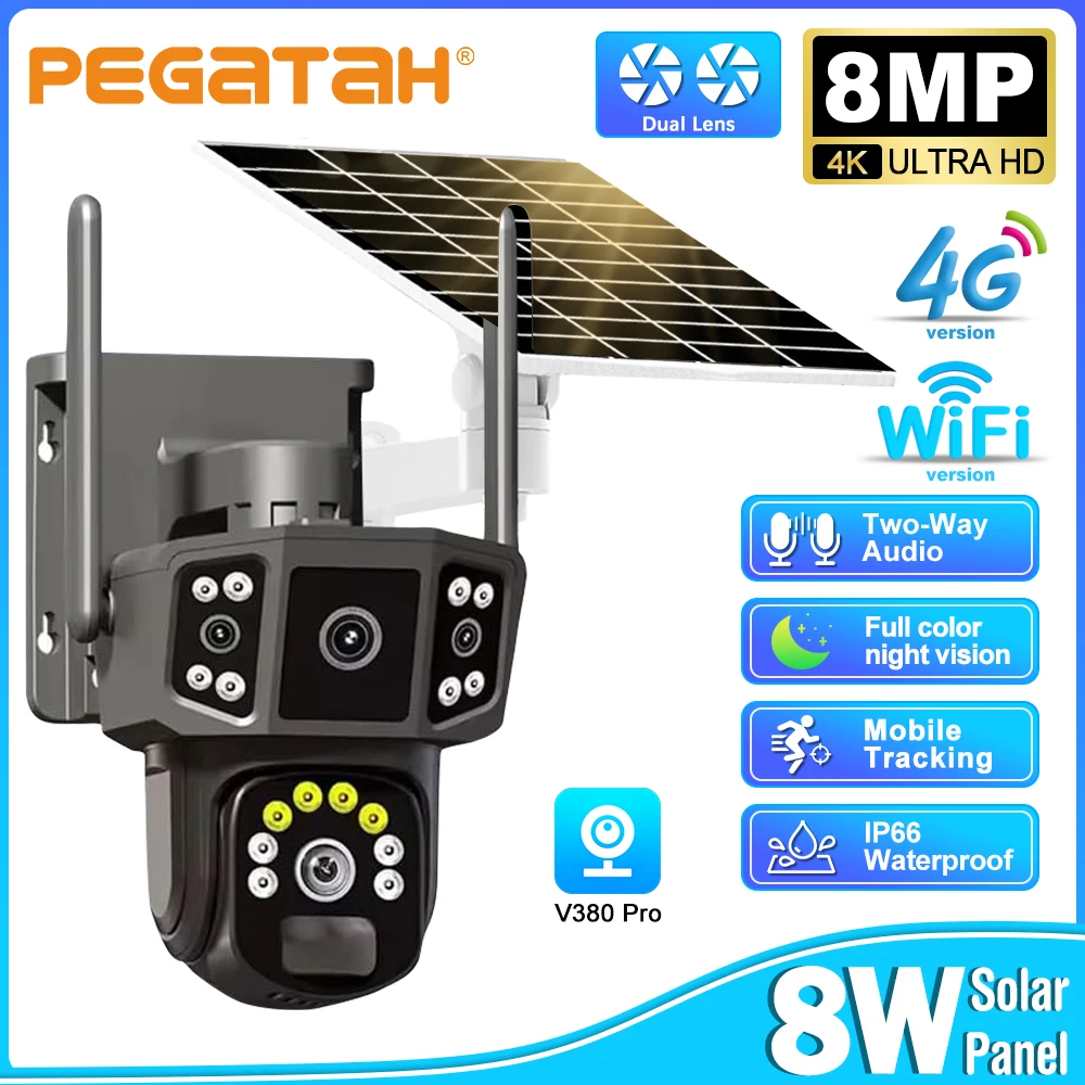 PEGATAH V380 4K Dual Lens 4G SIM Solar Camera 8MP HD Auto Tracking Outdoor Security Wireless WIFI Solar CCTV IP Cameras