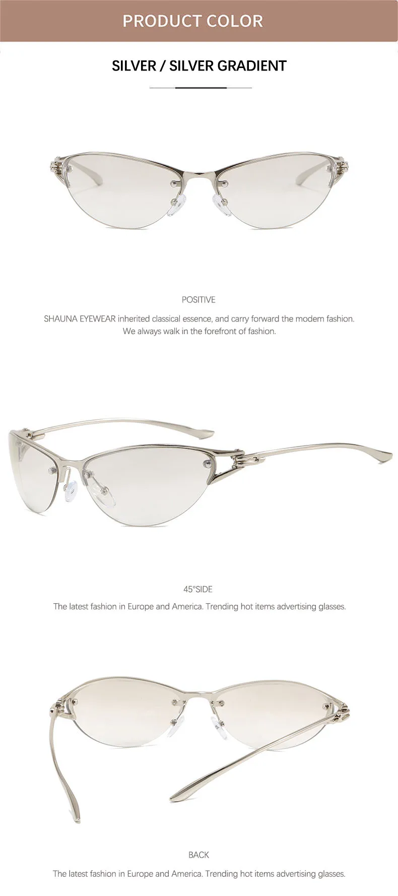 SHAUNA Neue Y2K Metall-Halbrahmen-Cat-Eye-Sonnenbrille für Damen, beliebte Herren-Gradienten-Werbebrille, UV400 – Detail 7