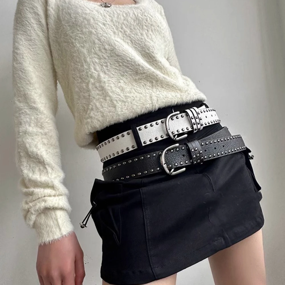 Vintage Women Rivet Belt Y2k Women Retro Hip Hop Punk Belts Luxury Belt Double Row Hole Strap Casual Jeans Female Waist Belt Men