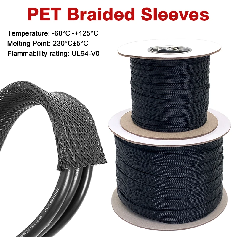 5/10M Black Insulated Braid Sleeving 2/3/4/6/8/10/12/14/20/25-100mm Tight PET Wire Cable Gland Protection Cable Sleeve