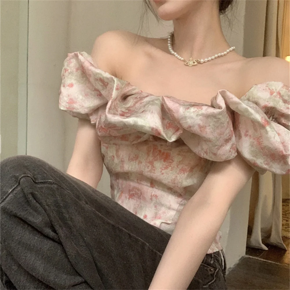 PLAMTEE S-M Women Slash Neck Florals Blouses Summer Off Shoulders 2023 Short Sleeve Sweet Party Ruffles Slim New Daily Mujer