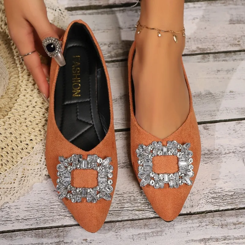 Sapatos femininos decorados com strass, sapatos baixos, dedo apontado, boca rasa, leve, confortável, cor sólida, alta qualidade