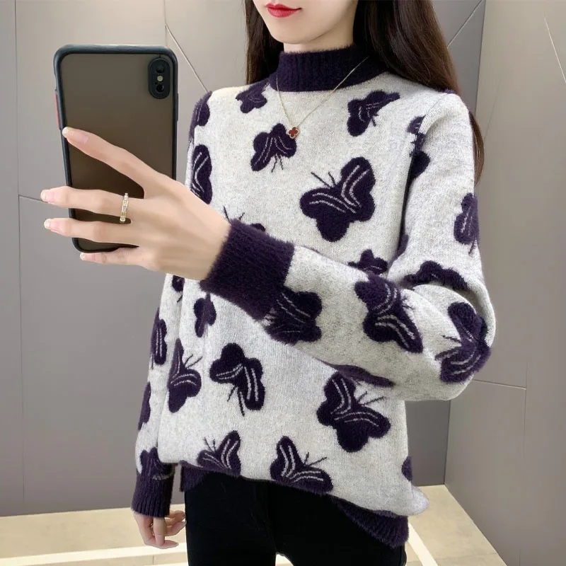 Autumn and Winter Fashion Hong Kong Style Half High Neck Westernized Butterfly Jacquard Imitation Mink Fleece Loose Sweater