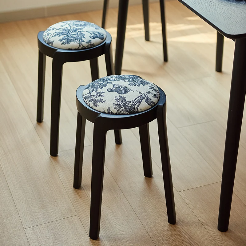 Solid Wood Round Stool with Cushion Stackable Dining Stool for Kitchen Padded Low Seat for Living Room Space Saving Home Ottoman