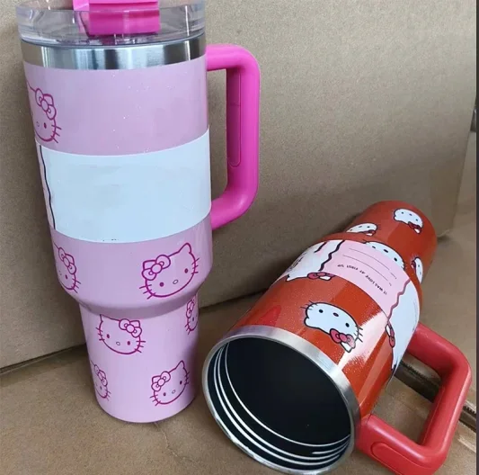 Christmas Gift 40oz Stainless Steel Thermos Mug Pink Straw Mug with Handle Large Capacity Thermos Mug Cola Coffee Mug