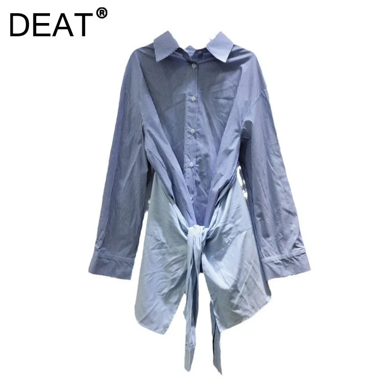 DEAT Women's Shirt Blue Striped Patchwork Fake 2 Pcs Single Breasted Female Causal Blouse Spring 2025 New Fashion 29L9614