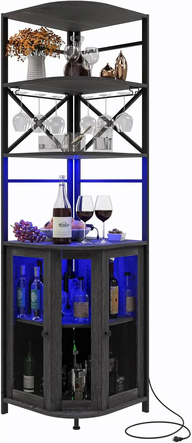 

Шкаф для винного бара с розеткой, 6-ярусный промышленный винный шкаф со светодиодной подсветкой и держателем для стекла, угловой барный шкаф