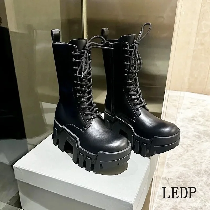 LEDP Brand Round Head Thick Sole Lace-up Boots Increase Gear Tank Boots Fall 2024 Cool Black Punk Biker Boots Design Sense