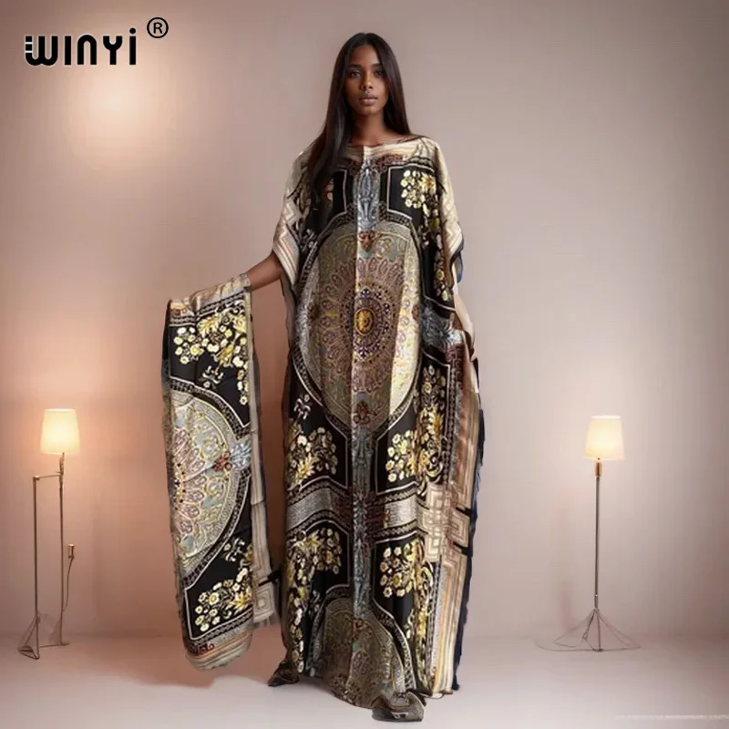 WINYI 2024 New African Women Dashiki boho print muslim woman dubai Free Size Design With Scarf Maxi Loose African Elegant Dress