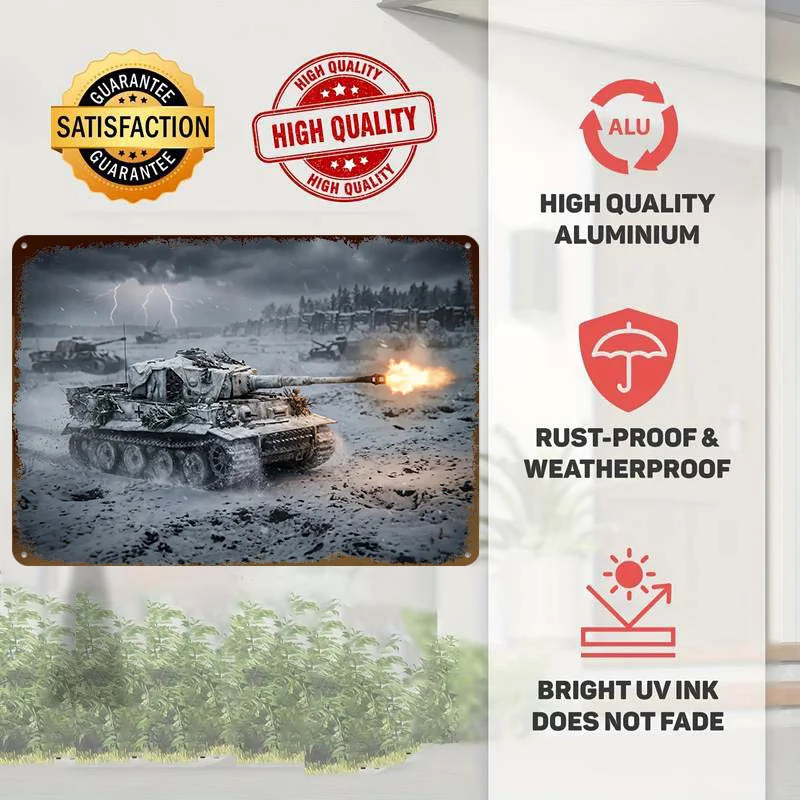 Tiger Tank Firing in Winter Landscape Metal Poster Customized Wall Art Retro Vintage Tinplate Signs for Garage Decorations House