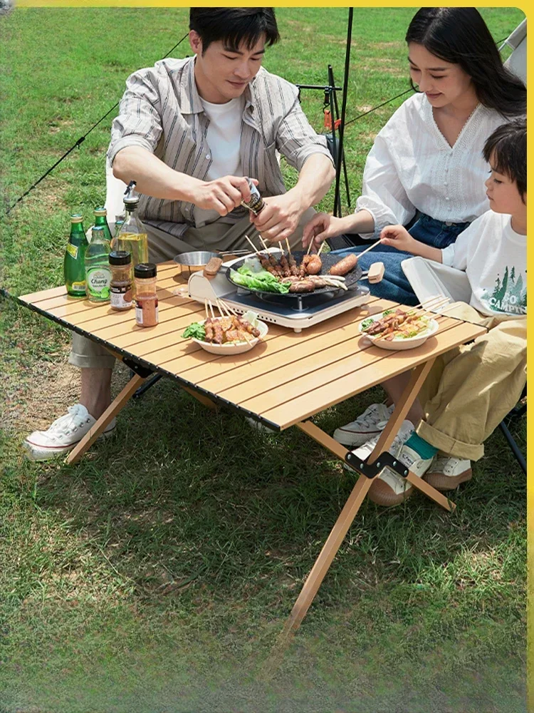 Portable Wood Grain Egg Roll Table Carbon Steel Alloy Picnic Table Camping Full Set Instrument