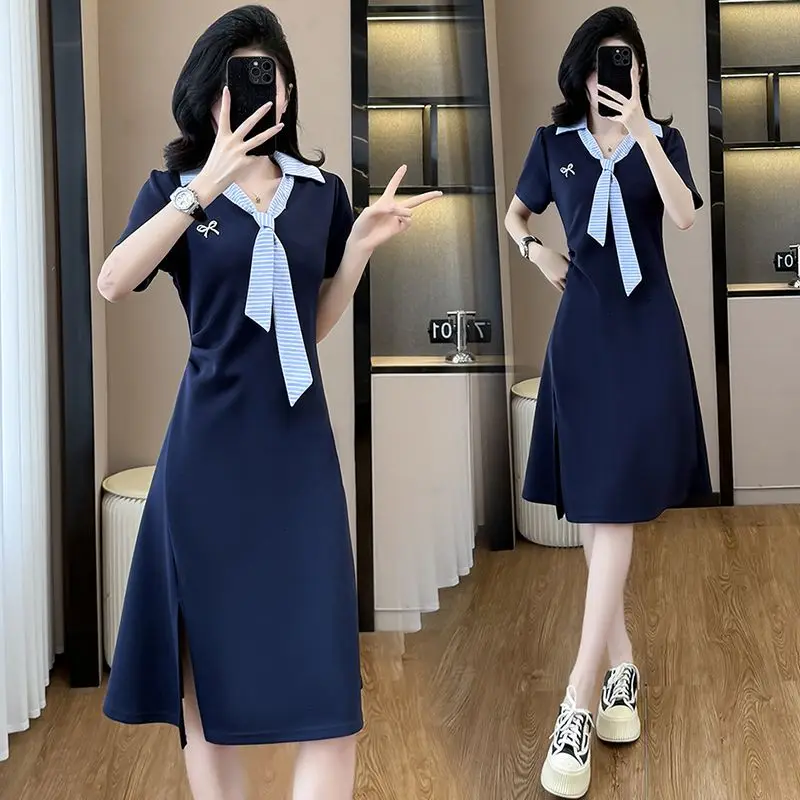 

Women Summer Preppy Style Stripe Patchwork Tie Midi Dress Lady Graceful Blue Polo Short Sleeve Dresses 2025 New Clothing Female