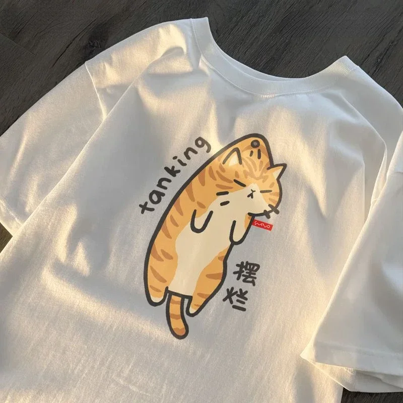 

Men and women pure cotton simple cat print T-shirt short sleeved fashion cartoon three flower cat orange cat large size summer