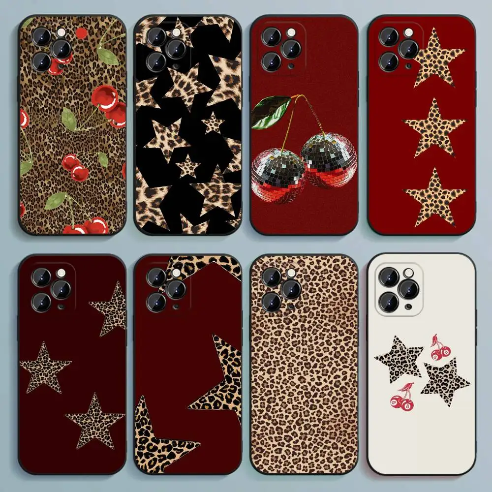 

Leopard Print Cherry Star Phone Case For iPhone 17,16,15,14,13,12,Pro,Max,Plus,E,SE4,Air,Mini Black Soft Cover