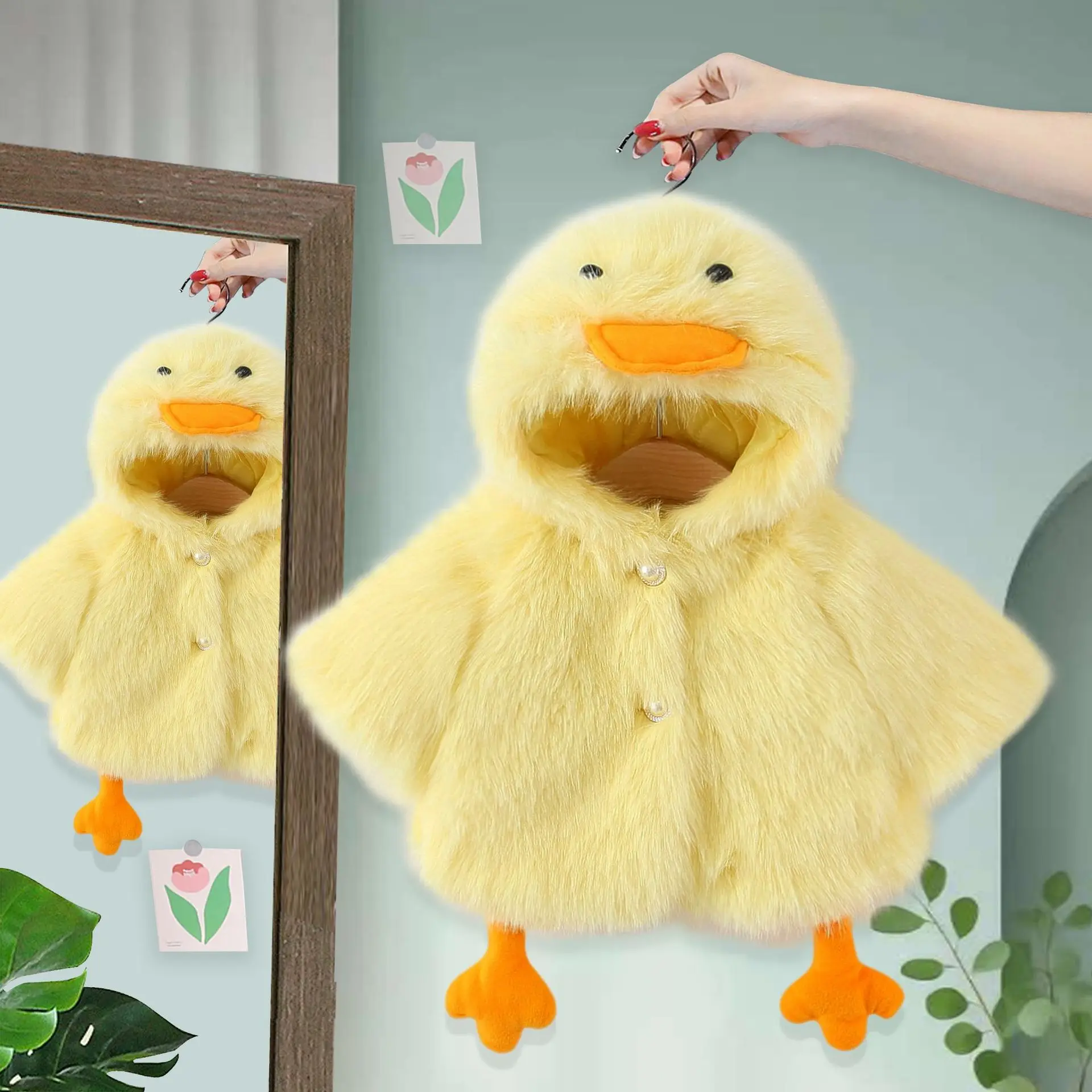 Toddler Boys Girls Faux Fur Jacket 2026 New Winter Baby Kids Cartoon Duck Thicken Hooded Cloak Coat Children Halloween Costume