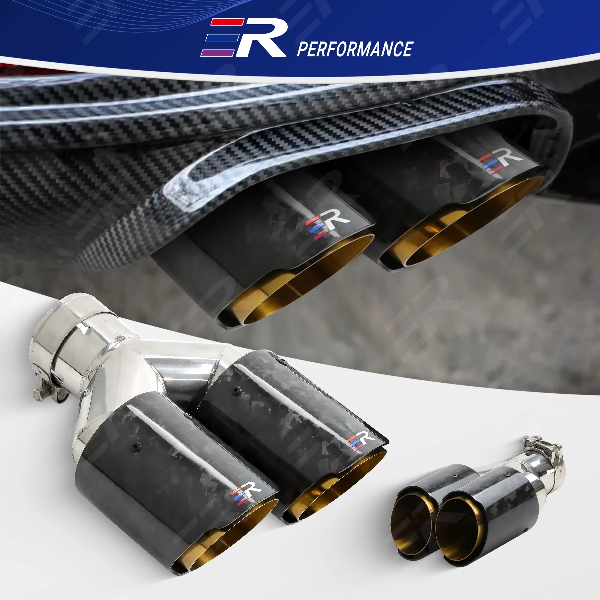 

ER золотые наконечники выхлопной трубы из кованого углеродного волокна из нержавеющей стали, двойной выпуск для украшения автомобиля, труба глушителя, модификация форсунок выхлопной трубы, обновление