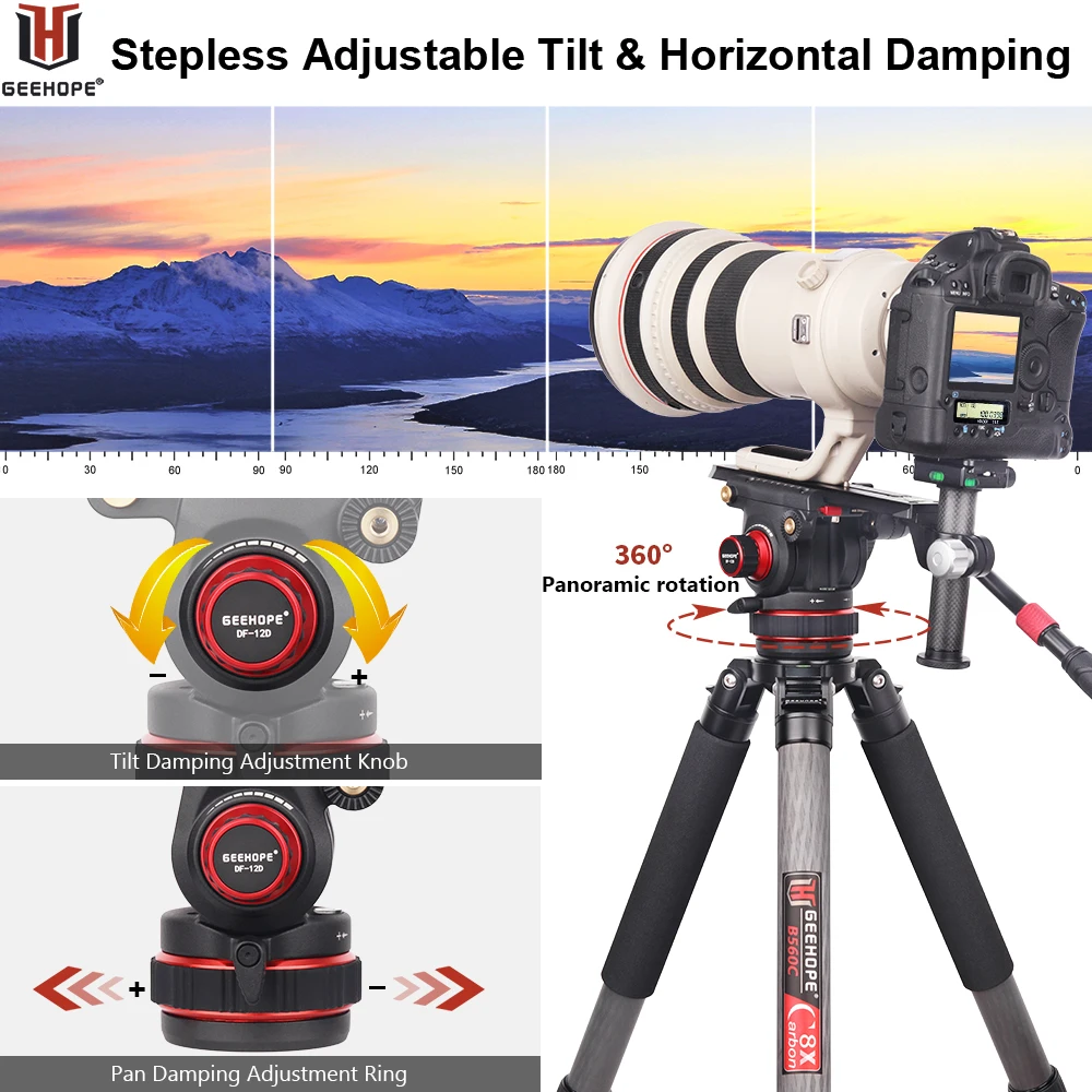 Geehope DF-12D Videokamera Stativ Flüssigkeits kopf mit flacher Basis und verstellbarem Griff, für Stativ, Ein beins tativ und DSLR, Maxload 12kg