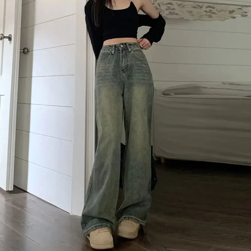 Vintage High-waisted Slimming Jeans American Style Casual Bell Bottoms Versatile Straight-leg Long Pants For Women