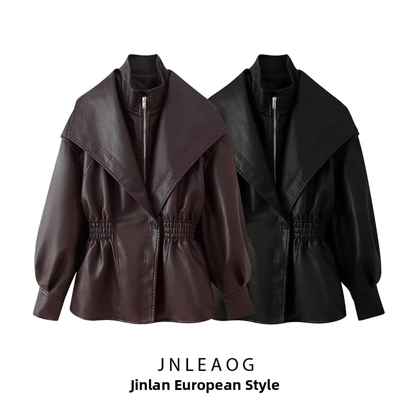 

Fashionable Street Style Women's Leather Jacket Spring New Arrival Waist-Cinching Zipper Design Versatile Long Sleeve Coat