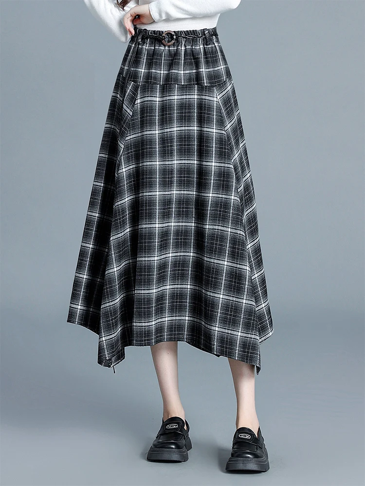 

ZUZK Асимметричная клетчатая юбка Большие качели Юбка-миди с эластичной резинкой на талии Корейский стиль Мода Ретро Универсальная нерегулярная осенняя юбка
