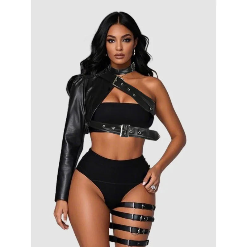 Women Punk PU Leather Jacket Irregular Black Irregular Unilateral Irregular Unilateral Buckle Jacket High Street Motorcycle Coat