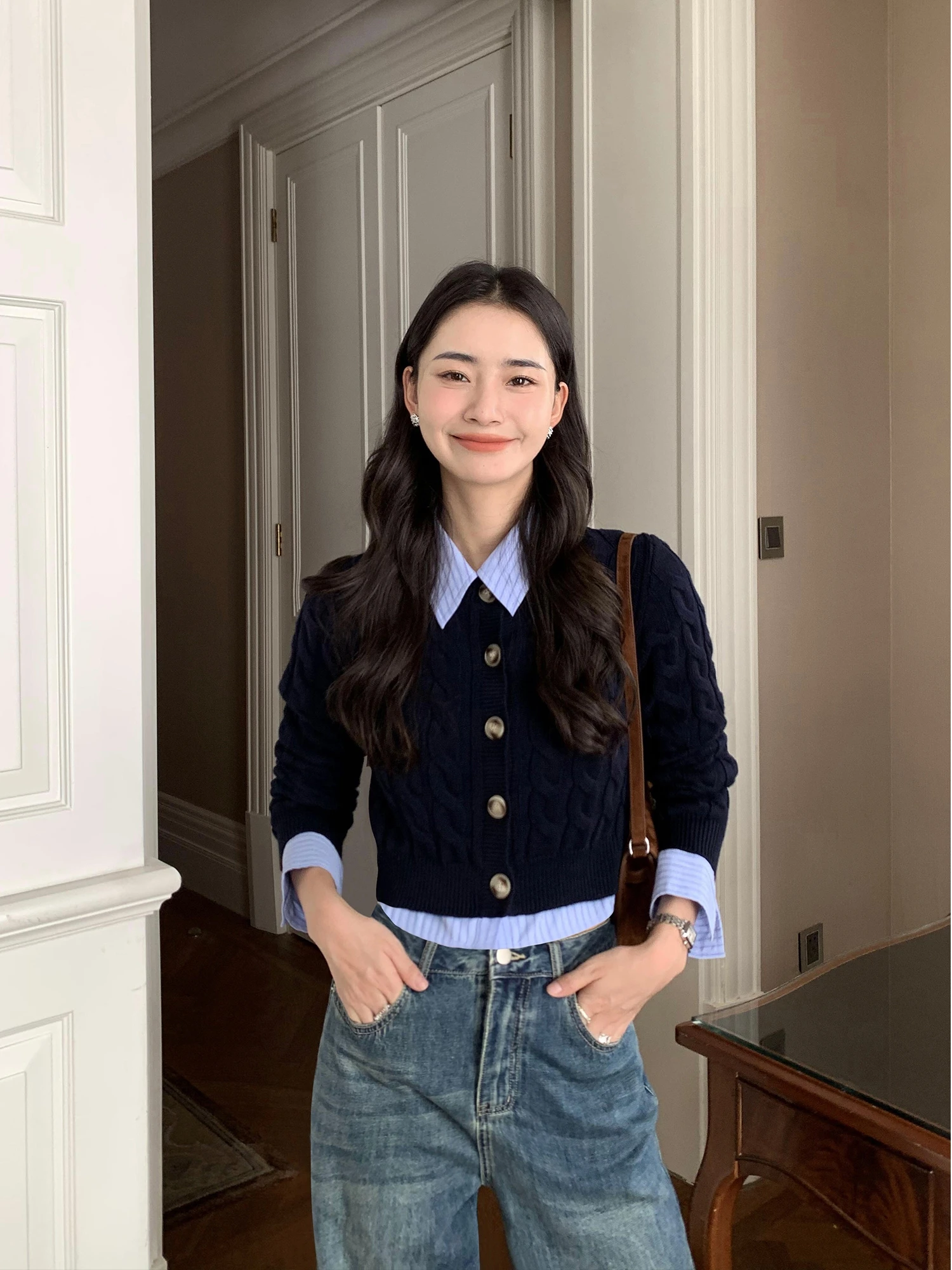 

Pusumede Rio медленный зауженный вязаный свитер, кардиган, женский ор круглый вязаный топ в Корейском стиле Sle Commute Faion