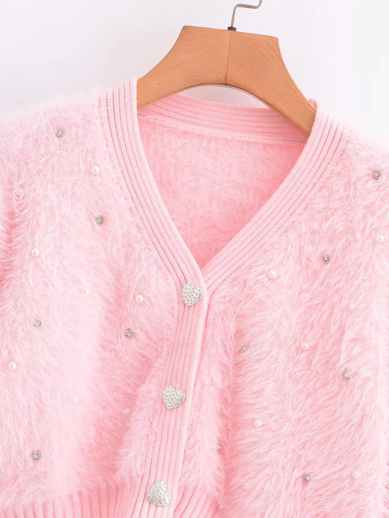 Chic Pink Mohair Knitted Cardigan V-Neck Long Sleeved Beading Short Sweater Spring Autumn Fashion Knitwear Outerwear