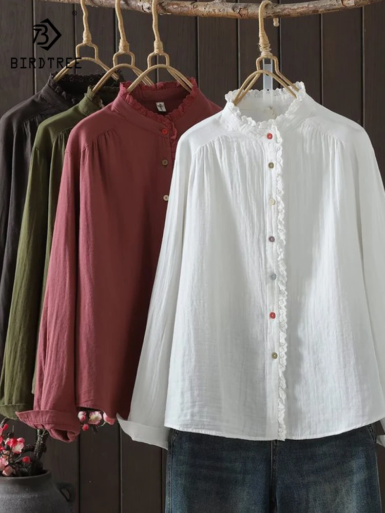 

New 2026 Spring Cotton Yarn Long Sleeve Shirt, Women Turn-down Collar Colorful Buttons, Mori Girl Casual Loose Blouse T61423CC