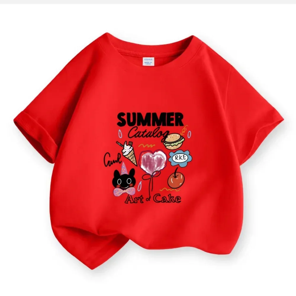 Kids White Short Sleeve T Shirt Summer Theme Snack Cat Heart Letter Mixed Graphic Print Crew Neck Girls Casual Tee
