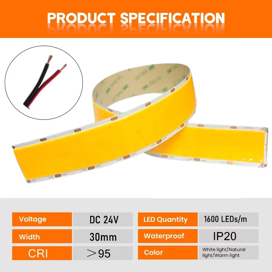 1600LED/m Super Bright COB LED Strip DC24V 30mm Wide LED Ribbon Tape Indoor Lighting TV Backlight Flexible Ribbon Rope LED Strip