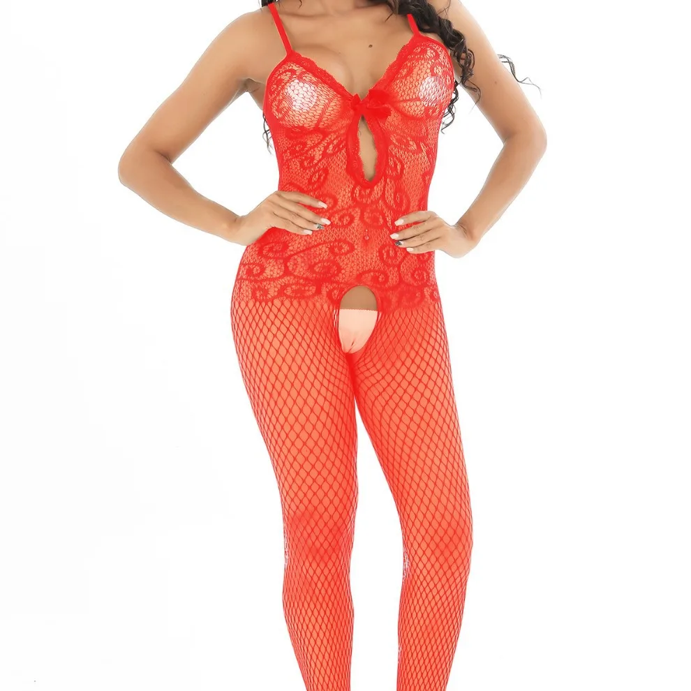 Lingerie seksi potongan terbuka, seragam, suspender, berlubang, menggoda, stoking jumpsuit seksi