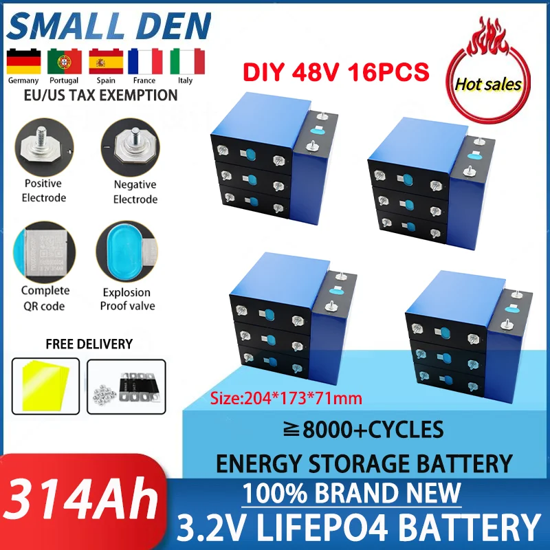 16PCS 3.2V 314AH Lifepo4 battery new lithium iron phosphate DIY RV electric boat golf cart household energy storage battery pack