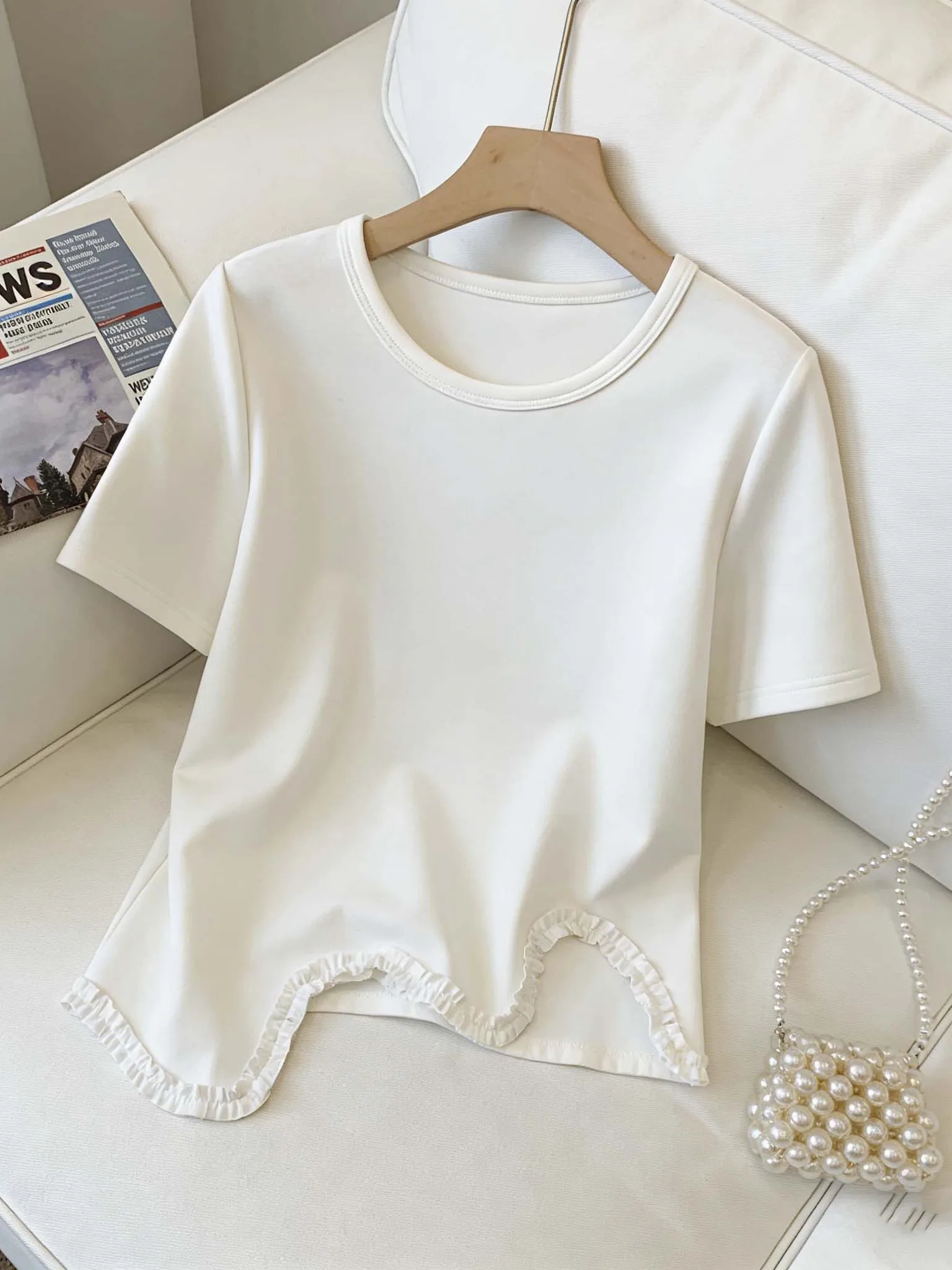 

plus Size Summer T-Shirt Cute Flounce Sleeveround Neckshort Sleevewomen'Sdesignirregular Hem Casual Inner Wear