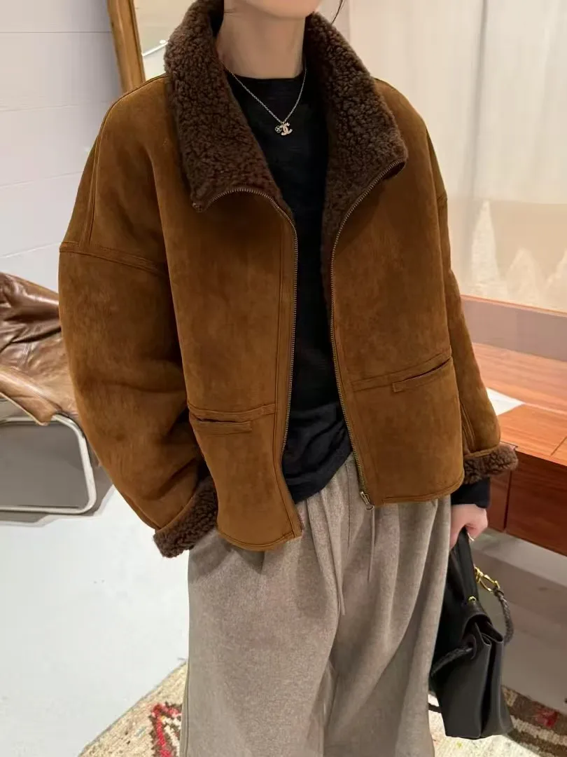 

Ретро-куртка с меховым воротником и кожаными вставками, теплая, прямого кроя, на молнии, в корейском стиле, зимняя новинка для женщин.