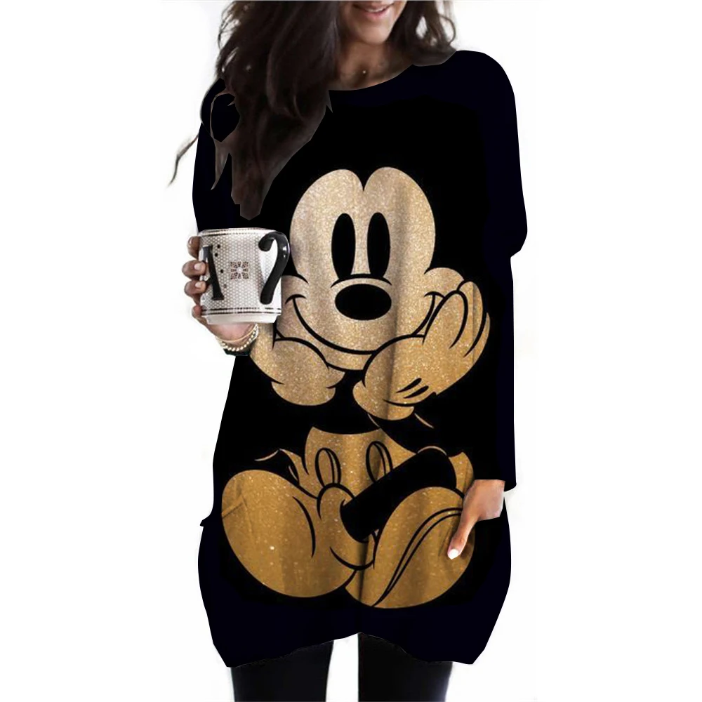 Women\'s Spring and Autumn New S-3XL Large T-shirt Solid Color Long Sleeve Loose Disney\'s Mickey Mouse Casual Harajuku Waist T-sh