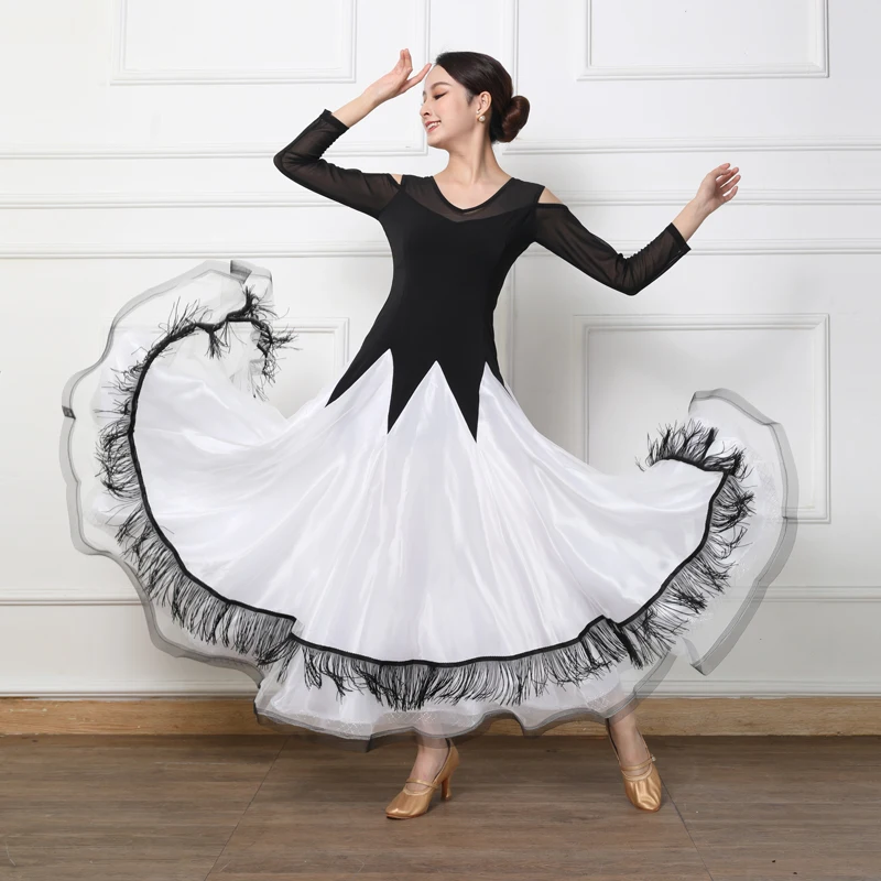 

2023 Newest Women Ballroom Dance Dress Waltz Adult Modern Ball Costumes Tassel Modern Dancing Clothes White