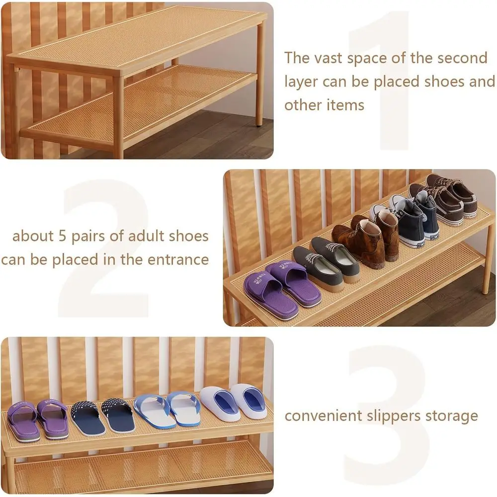 2-Tier Rattan Shoe Rack Bench with Storage, Yellow Wicker Organizer for Home, Suitable for Kitchen, Living Room, Bedroom, and En