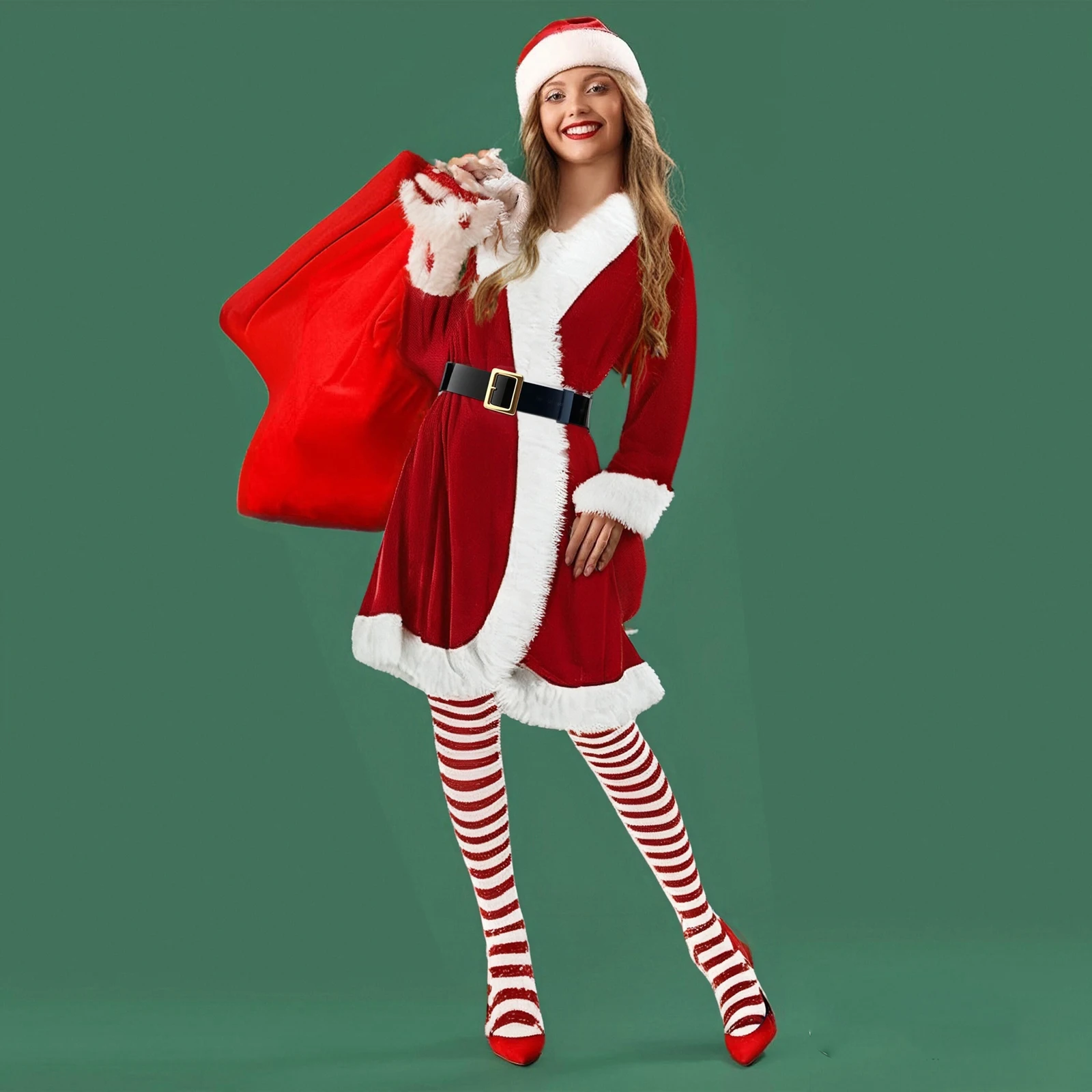 

Adult Christmas Cosplay Costume Red Long Sleeve Belted Dress Santa Hat Glove Stockings Sets for Themed Party