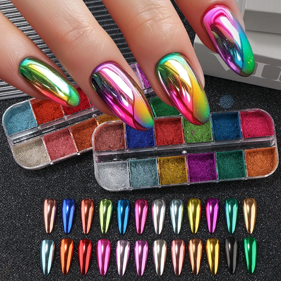 24 Farben Magischer Spiegel-Nagelglitzer Sommer Chrom Rosa Gold Silber Pigmentflocken Y2K Metallischer Effekt DIY Reibstaub – Detail 2