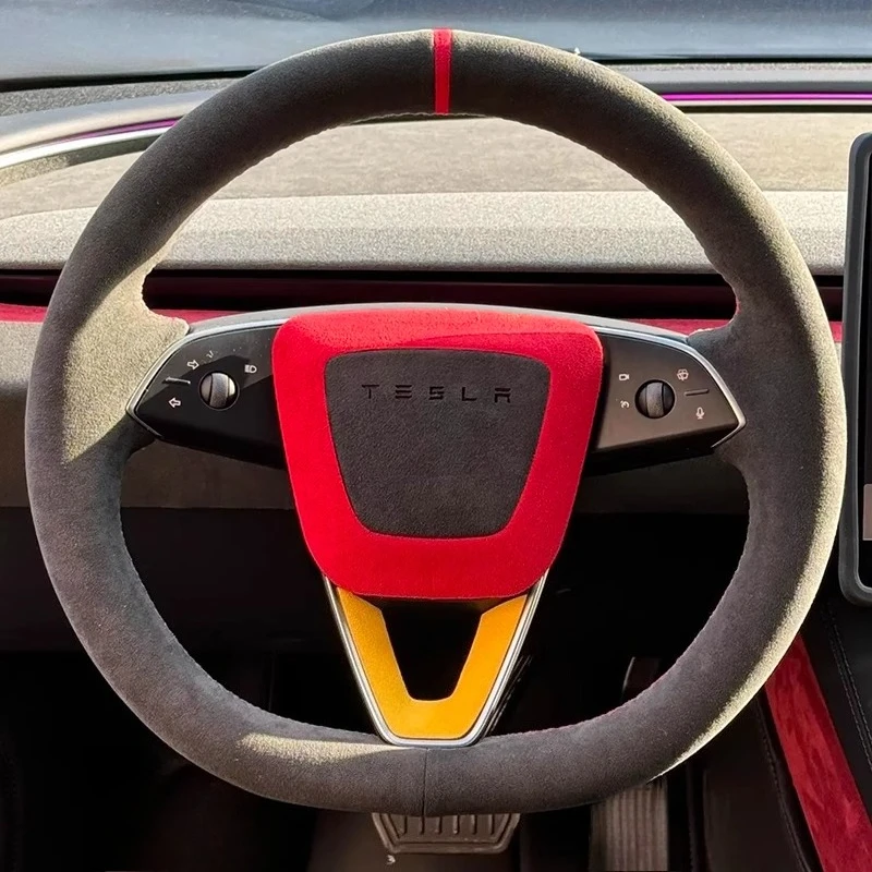 

Hand-stitched non-slip Red line red mark suede car steering wheel cover 100% Fit For Tesla modelo 3 Highland 2024 2025