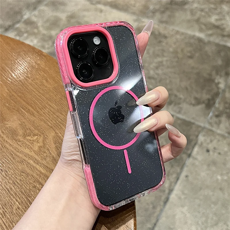 

Double Color Bling Glitter Magnetic Magsafe Case For iPhone 16 15 14 16Pro Max Wireless Charging Shockproof Bumper Back Cover