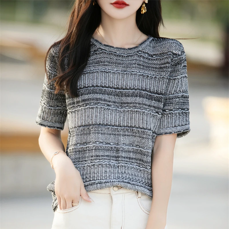 

Женская футболка, летний свитер из 100% хлопка, полосатый вязаный свитер с короткими рукавами и круглым вырезом, женские топы, свободная блузка, пуловер, футболки
