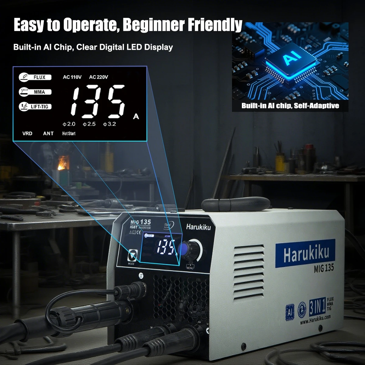 Harukiku MIG135 3-in-1 Welding Machine: 110V Single Voltage, 130A Flux-Cored Self-Shielded Gasless Welding, Smart AI-Assisted Welding, Flux MIG/Lift TIG/MMA Multifunctional, Easy-to-Use Welding Equipment for Home Use and Beginners