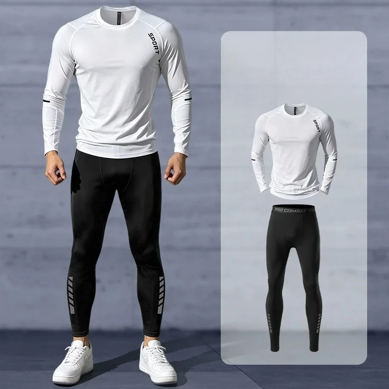 2026 Tracksuit 2 Pcs Men's Fitness Outfit Long Sleeve Jogging Leggings Running Cycling Training Wear Active Sportswear Set