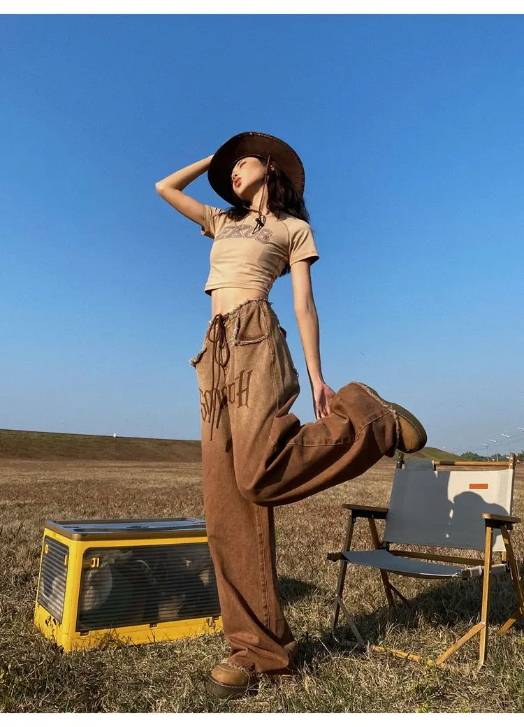 Y2k Brown Vintage Jeans Hip Hop Denim Pants Female 90s Street Style Wide Leg Trousers Women High-Waisted Straight-Leg
